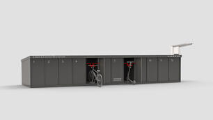 Neumaier rental station for e-bikes and e-scooters with integrated charging station and payment option.