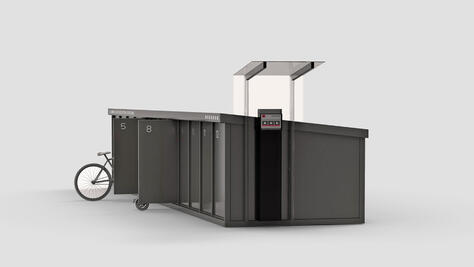 Neumaier Miet-/Verleihstation für E-Bikes und E-Scooter mit integrierter Ladestation und Bezahlmöglichkeit.