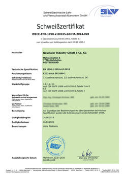 Welding certificate in accordance with DIN EN 1090-2